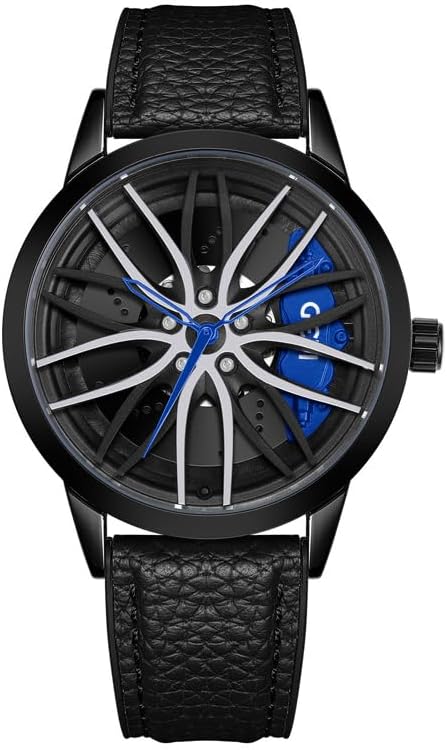 FANMIS Men's Creative 3D Car Wheel Watches Rim Hub Design Fashion Quartz Stylish Wristwatch Large Dial Skeleton Waterproof Watch, Suitable for Men and Car Enthusiasts