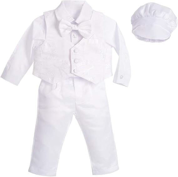 Lito Angels Baby Boys White Suit Christening Clothing Baptism Outfits with Bonnet Long Sleeve Floral