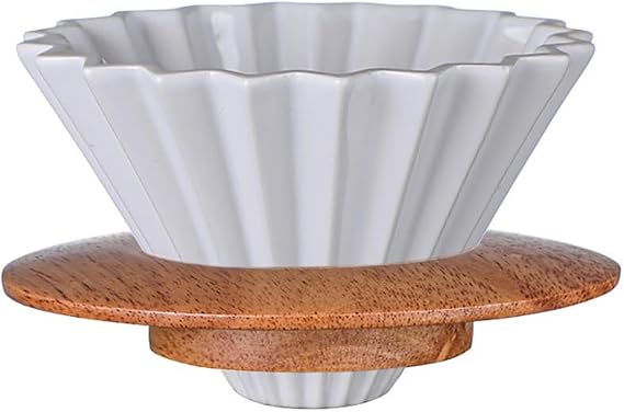 Ceramic Coffee Dripper with Wooden Stand, Coffee Filter Cup, 1 Pack, White