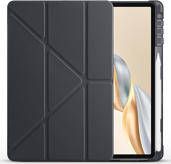 Elfia Honor Pad X9A ile Uyumlu Kılıf Silikon Yumuşak 4 Farklı Stand Olabilen Kalem Bölmeli Kapaklı Tablet Kılıfı Siyah