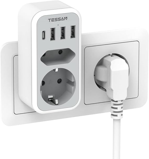 Tessan Double Plug for Socket with 1 USB C and 3 USB A Grey