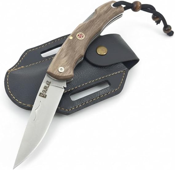 Katlanır Outdoor Bıçak – Ahşap Saplı Paslanmaz Çelik Keskin Cep Bıçağı, Kılıflı Taşınabilir Çok Amaçlı Bıçak, Kamp ve Günlük Kullanım İçin (Küçük)