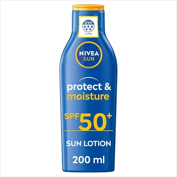 NIVEA SUN Protect & Moisture Sun Lotion SPF 50+ (200 ml), Suncream with Vitamin C and Hyaluron, Provides 48H Moisture and Immediate UVA/UVB Protection, Fast-Absorbing, No White Cast Formula | SUN