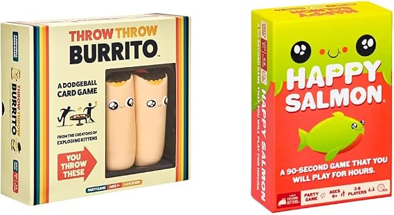 Throw Throw Burrito by Exploding Kittens - Card Games for Adults Teens & Kids - Fun Family Games - A Dodgeball Card Game & Happy Salmon by - Card Games for Adults Teens & Kids - Fun Family Games
