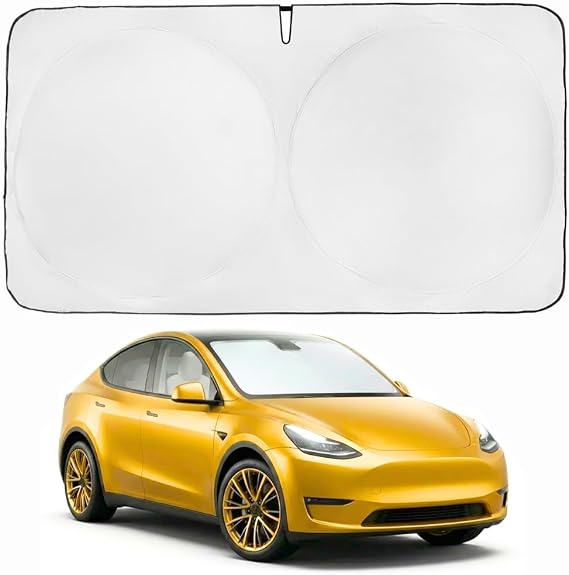 Kinder Fluff Patented Windscreen Sunshade for Tesla 3 & Y | Car Sun Protection - Certified 99% UVR Block - Cool Interior | Foldable Sun Visor Cover | Automotive Accessories for Summer Heat | 142x95cm