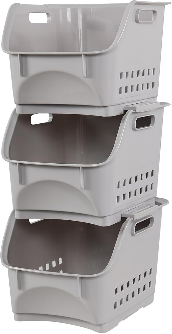 3 Tier Stacking Baskets Storage Veg Rack, Stackable Storage Baskets for Kitchen Pantry Cupboard Dorm Room Closet