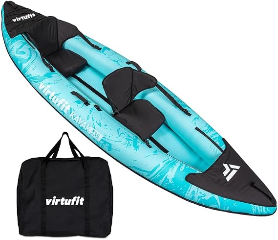 VirtuFit Kayak 335 Inflatable - 2 Person + 3rd Seat Option - Includes 2 Kayak Seats, Carry Bag & 2 Fins - Sea, River & Lake - Sturdy Construction - 335cm - Turquoise