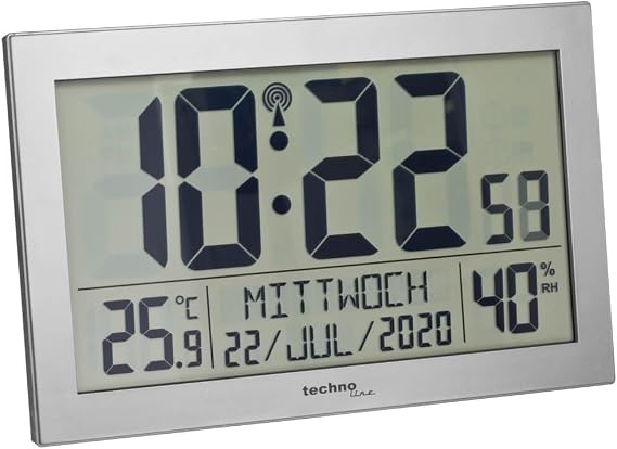 Technoline WS8016 WS 8016 Radio Controlled Wall Clock with Temperature Display Plastic Silver Small 22.5 x 14.3 x 2.4 cm