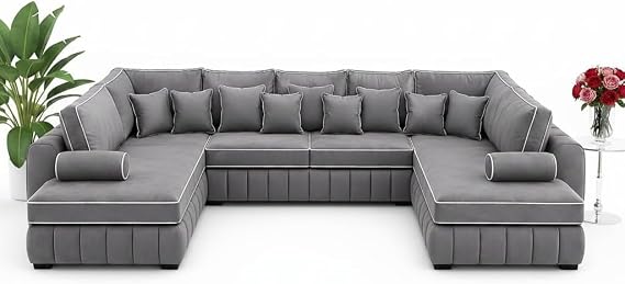 Modern Lilly U-Shaped Corner Sofa Set – Large Modular Sectional with Grey Fabric Upholstery, Deep Seating & Scatter Back Cushions, Luxury Living Room Lounge Furniture