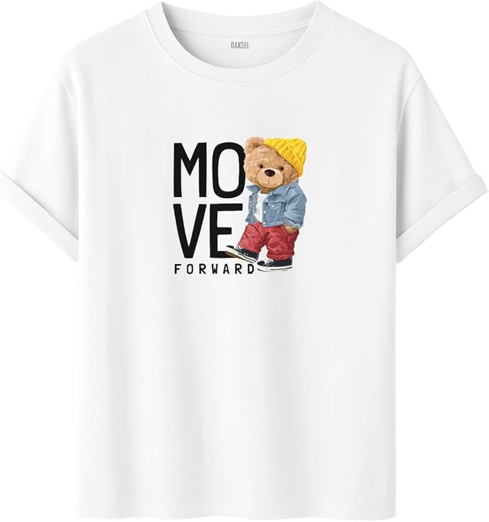 Unisex Oversize Ayıcıklı Tişört, Move Forward Yazılı, Pamuklu, Sokak Stili, Grafik Baskılı