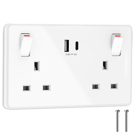 Double Plug Socket with USB C, 13A 2 Gang Switched Wall Socket, White