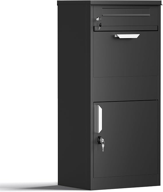 XPOtool Parcel Post Box Black 500 x 370 x 1120 mm Freestanding Letter Box, Two Lockable Compartments, With Set of 2 Keys, Ensures Easy Parcel Delivery at Home, Drop Box, Outdoor Mailbox