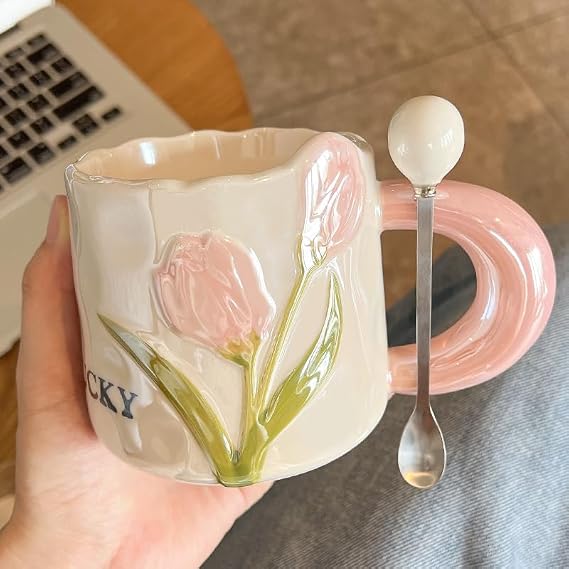STARRY G Ceramic Coffee Cup Set with Spoon, Drinking Cup, Elegant 3D Tulip Coffee Mug Set, Tea Mug - 380ml Floral Wavy Edge Tea Cup for Afternoon Tea and Gift Giving (Pink)