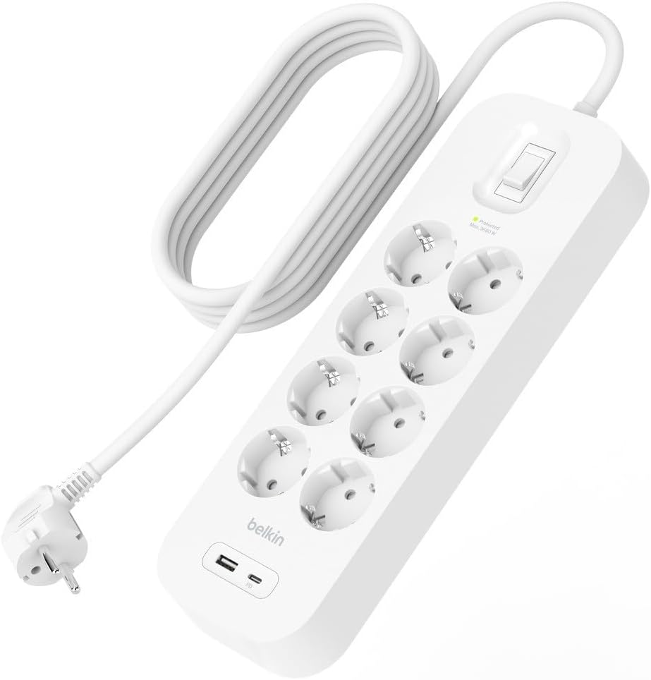 Belkin 8-piece multi-socket, high voltage protected, wall mount, 8 sockets, 2 m power cable, green light indicator, USB-C and USB-A connection with USB C PD for fast charging; 900 jul protection