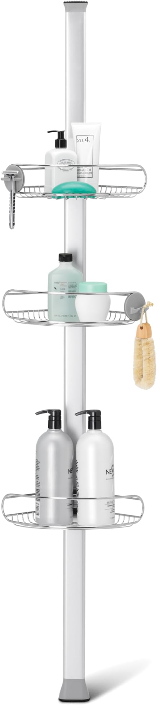 simplehuman Medium Tension Shower Caddy, Telescopic Corner Bathroom Shelf Storage Organiser, Extends 1.5m to 2.4m, Easy to Install, No Drilling, Rustproof, Adjustable Shelves, BT1109DC