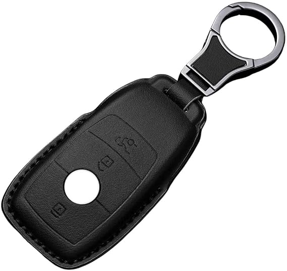 Car Key Case Protector Compatible with Mercedes Benz A/B/C/E/G/S Class GLA GLC GLE GLK GLS CLA CLE CLS AMG E200 W177 W205 W213 3 Buttons Black Leather Auto Key shell Protective Sleeve