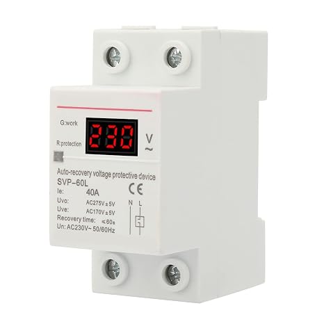 Automatic Recovery Voltage Protector, Single Phase Overvoltage Undervoltage Protection Device Circuit Reconnect Switch, for Home Appliances Circuit Surge Arrester 230V(40A)