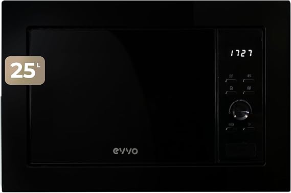 EVVO Mi35 Black Integrated Microwave – 25 Litres, Multifunction Microwave Oven, Grill Function, 1000W, Digital Display, Child Lock and 60 Minute Timer, Black