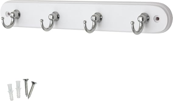 Keypak 4-Hook Wall-Mounted Key Tidy Chrome Hooks on White Wooden Board