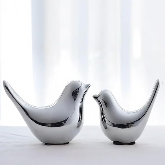 Small Silver Birds Ceramic Animal Statues - Modern Home Decor, Elegant Desk & Shelf Ornaments, Handmade Figurines for Living Room, Gift