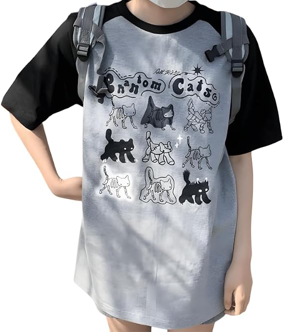 Y2k 原宿 カワイイ ゴシック 服 カジュアル クルーネック ラグランスリーブ カートゥーン グラフィック ファントム キャット プリント Tシャツ