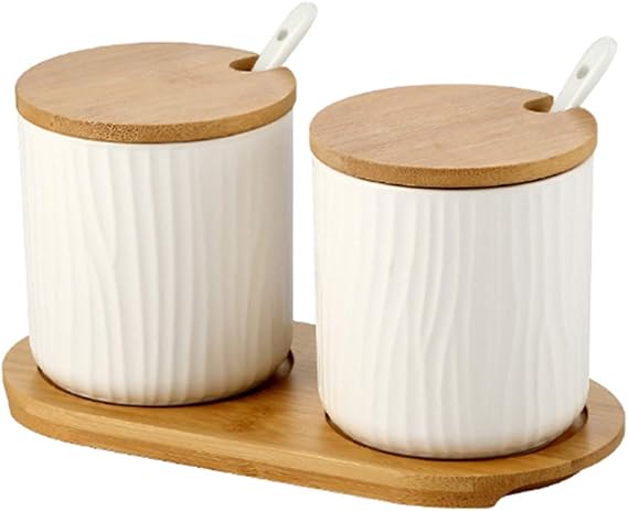 Set of 2 Sugar Bowl, Ceramic Spice Jar Condiment Pots with Bamboo Lid and Ceramic Spoon for Home and Kitchen