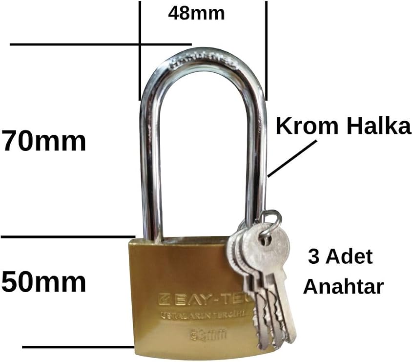 Asma Kilit Paslanmaz Çelik Kilit Uzun 63mm 3 Anahtarlı
