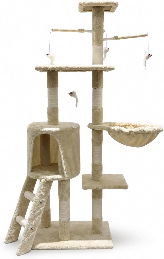Cat Scratching Tree – Tower 4 Levels with Kennel, Hammock Cot, Ladder, Sisal Posts, Hanging Toys, Base 50 × 35 cm, for Adult Cats