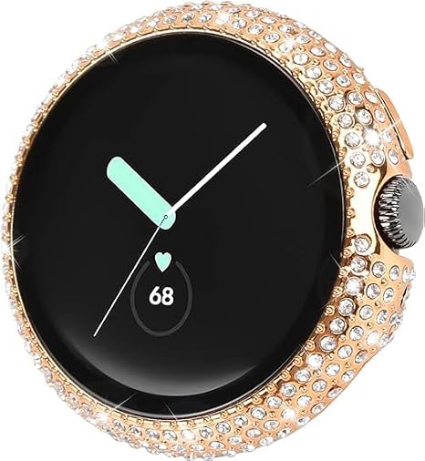 Google Pixel Watch 2/Pixelウォッチケース スクリーンプロテクター付き キラキラ保護フェイスカバー 強化ガラス バンパー ダイヤモンド ラインストーン 薄型 ハード PCメッキフレーム ローズゴールド