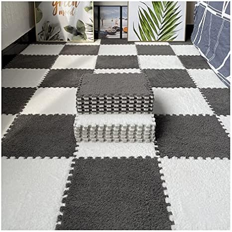 Patchwork carpet12 Pcs Interlocking Carpet Tiles, Plush Foam Square Floor Mats Set, Puzzle Floor Mat For Living Room, Bedroom And Hard Floor, 12 Tiles/12 Sq.Ft(Color:Grey+White)