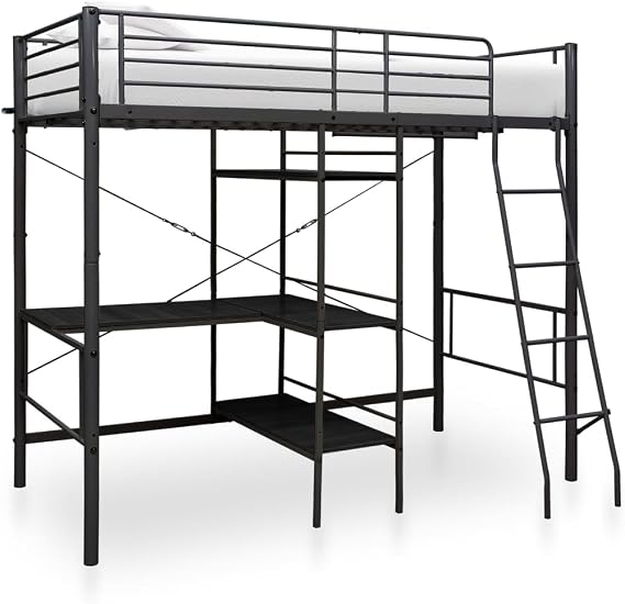 Bunk Bed with Table without Mattress, Black Metal, 90 x 200 cm, Platform Bed with Slats Support Easy Assembly for Bedrooms, Adults