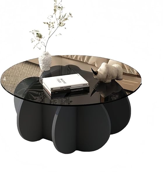 Round Coffee Table Perfect for Living Room, Cafe, Restaurant, Low Dining Table. There are two options for your choice. Also fits under sofa 70cm, grey base + gray glass