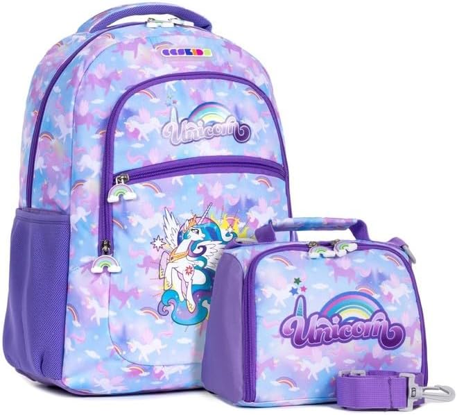 Unicorn Figürlü Çok Bölmeli İlkokul Sırt Çantası ve Beslenme Çantası, Mor