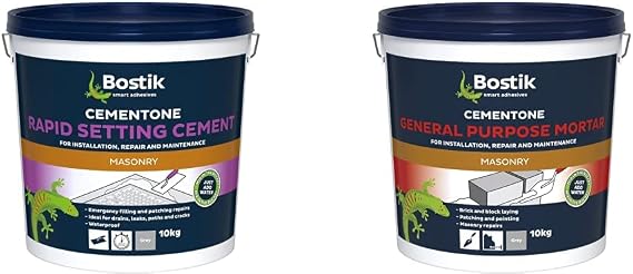 Bostik Cementone Rapid Setting Cement, For Interior & Exterior Use, Waterproof, Colour: Grey, 10kg & Cementone General Purpose Mortar, Pre-Mixed, 10kg