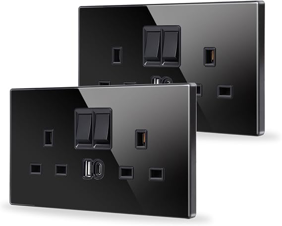 JIMEIDA 2 Pack Double Switched Socket Black 20W Fast Charging 13 Amp with USB A and Type C Charging Ports Crystal Glass Panel Wall Outlet