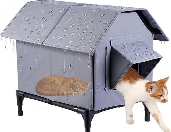Cat House Waterproof, Elevated Insulated Weatherproof Outside Winter Pet House, Oxford Cloth Elevated Cat Shelter, Feral Cat Shelter for Garage, Porch, Park and Residential Area