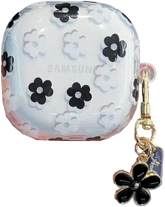 Samsung Galaxy Buds FEケース チェーン付き、クリア 花柄 耐衝撃保護カバー Galaxy Buds 2 Pro/2/Pro/live用 ブラック