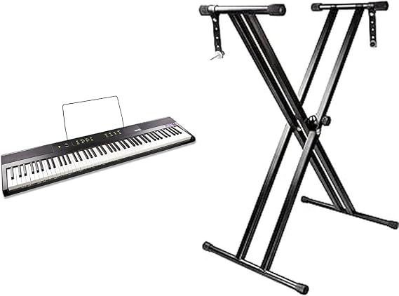 RockJam 88 Key Digital Piano with Full Size Semi-Weighted Keys, Power Supply, Sheet Music Stand & Simply Piano Lessons & RJX29 Double Braced Adjustable Keyboard Stand with Locking Straps, Black