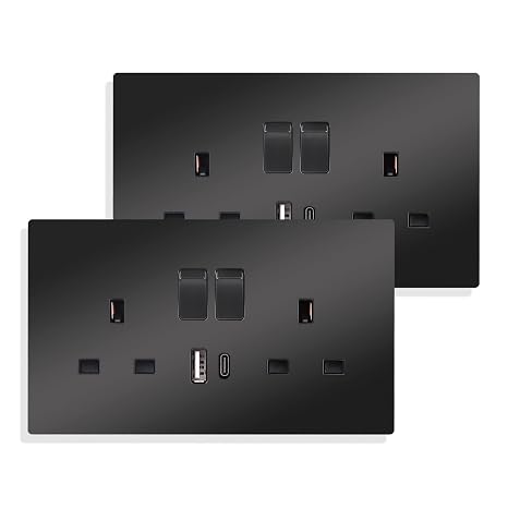 JIMEIDA 2 Pack 13A Double Switched Socket with USB, LED & 2 USB Ports Black