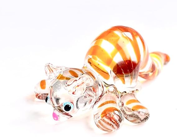 Handmade Small Tiny Handmade Glass Cat Ornament Clear Glass Ginger Stripy Cat Figurine Gloss Decor Terrarium Gift