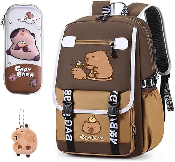 Capybara Backpack for Children's, Capybara School Bag with Stationery Set Pencil Case Ornaments Badges Cards Adjustable Rucksack Cartoon Toddler Daypack School Backpack for Kids