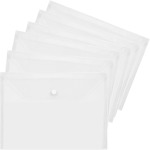 Plastic Wallets A5, 6 Pcs Clear Plastic Paper Wallets for Document Storage and Office Organization Supplies, A5 Popper Wallets Lightweight Transparent Folders with Snap Closure