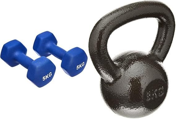Amazon Basics Neoprene Dumbbell Pair, 2 x 5Kg & cast-iron kettlebell 10kg