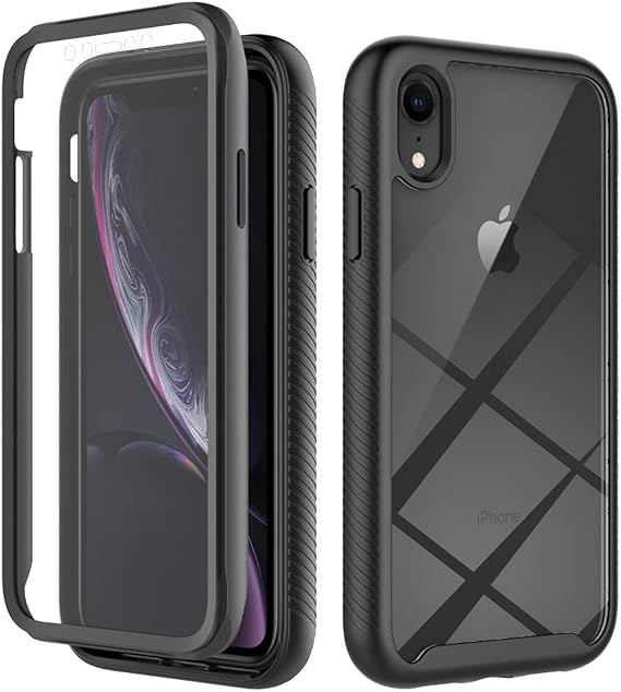 Knoowcase for iPhone XR Case Built-in Screen Protector iPhone XR Phone Case Shockproof Bumper Clear Rugged Hard Shell Full Body Protection Silicone Rubber Stylish Cover,Black