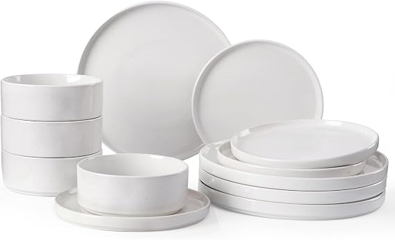 Richmount Nebula Plates and Bowls Set, 12PC Speckled Stoneware Plate Set, Scratch Resistant Dinnerware Sets, Dishwasher & Microwave Safe, Dining Plates and Bowls Sets, White with Speckled