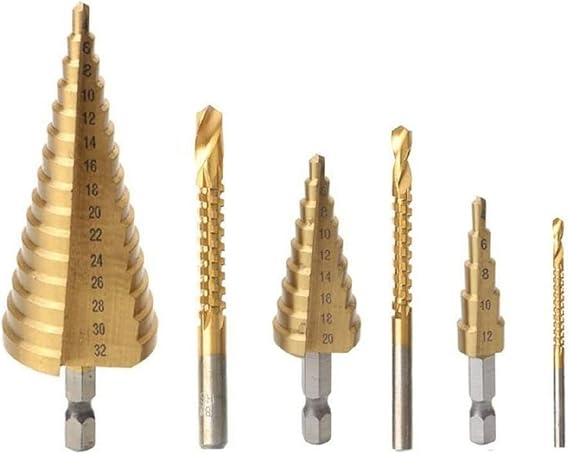 6Pcs Step Drill Bits,HSS Titanium Coated Reaming Pagoda Sawtooth Set, Including 3 Sizes of Step Drill Bits and 3 Sizes of Twist [Energy Class A]
