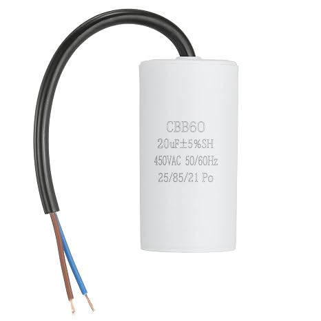 sourcing map CBB60 Run Capacitor 20uf 450V AC 2 Wires 50/60Hz Cylinder 73x37mm White for Air Compressor Water Pump Motor
