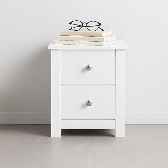 Home Treats White 2 Drawer Bedside Table | Modern Wooden Nightstand | Bedroom Storage Cabinet for Lamp, Books & Essentials | Side Table | H 40cm x W 30cm x D 30cm