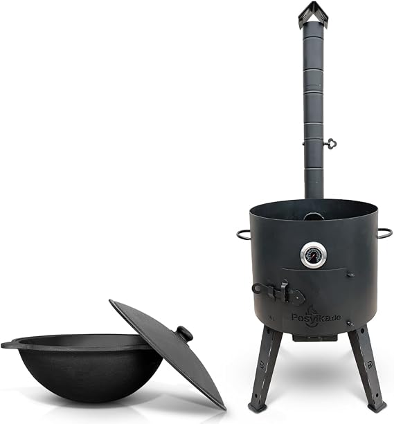 Utschak Fire Oven Diameter 44 cm 2 mm Steel with Thermometer Uzbek Kazan 16 L Round Base Kazan Uchag Kazan Cast Iron Oven Uchak (Set 1)