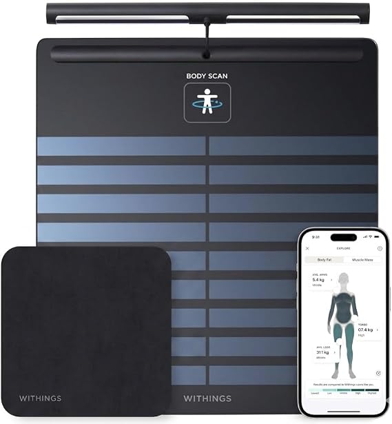 Withings Body Scan + Cleaning Kit - Smart Scale with Segmental Composition Analysis, Weighing Scales Body Weight & Vascular Age, Visceral Fat, Heart Rate